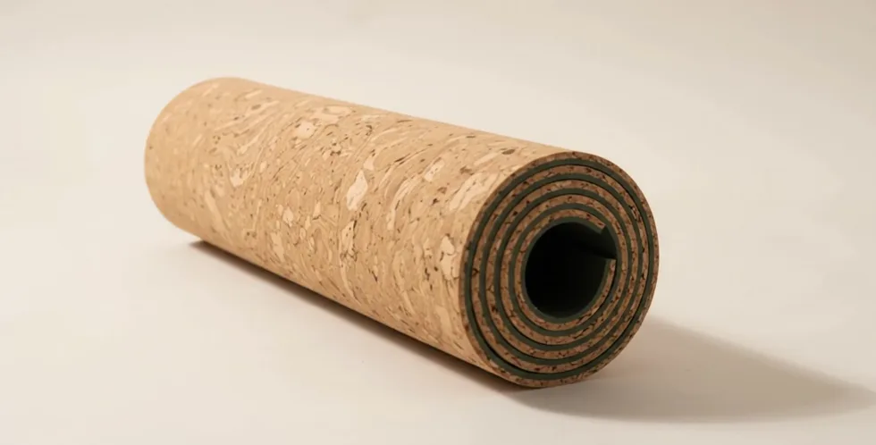 ProMat rolled, the cut end showing the cork surface wound over the natural rubber base